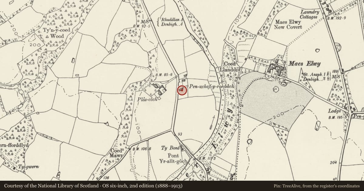 Ordnance Survey six-inch map, 2nd edition (1888–1913) covering the location of Barn at Pen-ucha-roe-bach, Cefnmeiriadog, Denbighshire, with a pin at the register's coordinates