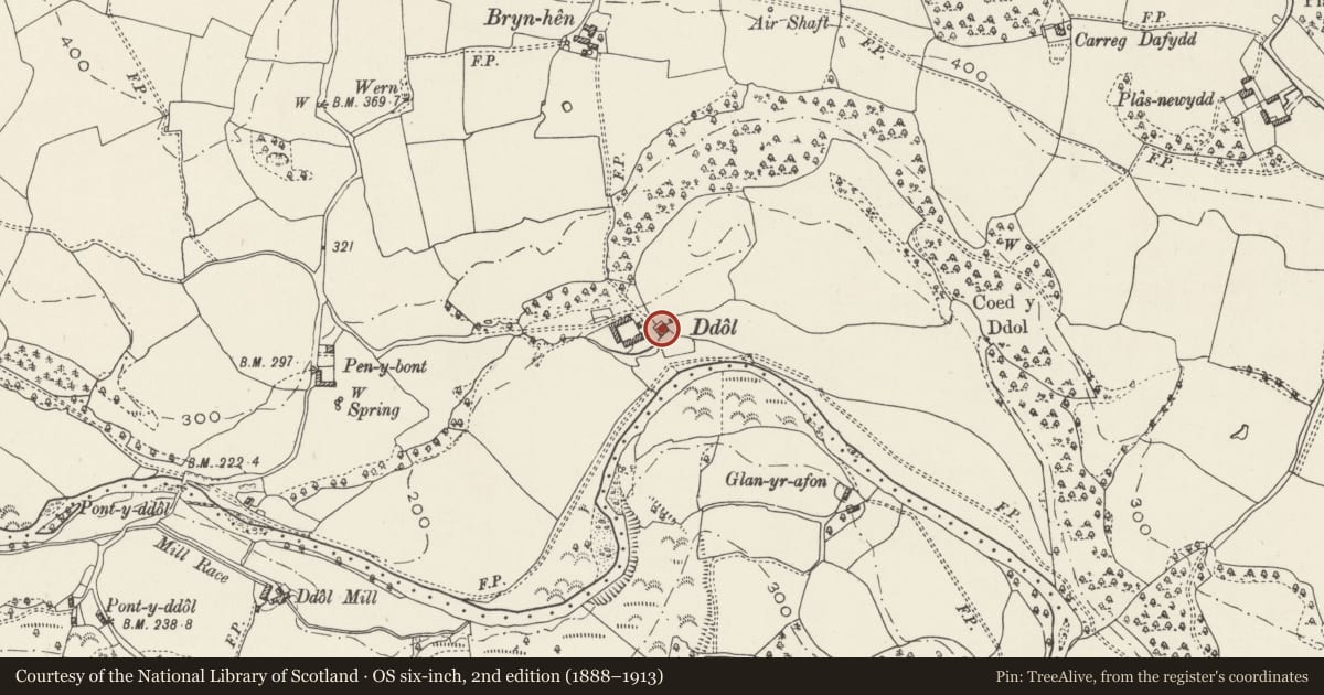 Ordnance Survey six-inch map, 2nd edition (1888–1913) covering the location of Ddol, Cefnmeiriadog, Denbighshire, with a pin at the register's coordinates