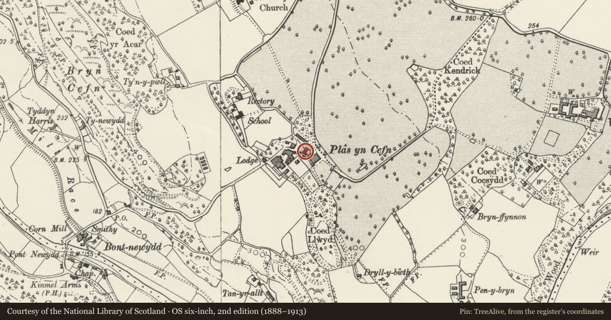 Ordnance Survey six-inch map, 2nd edition (1888–1913) covering the location of Former Stable Block at Plas-yn-Cefn, Cefnmeiriadog, Denbighshire, with a pin at the register's coordinates