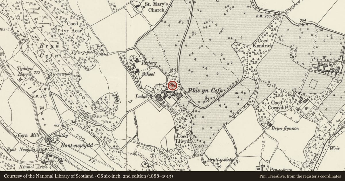 Ordnance Survey six-inch map, 2nd edition (1888–1913) covering the location of Stable and Coachhouse Range at Plas-yn-Cefn, Cefnmeiriadog, Denbighshire, with a pin at the register's coordinates