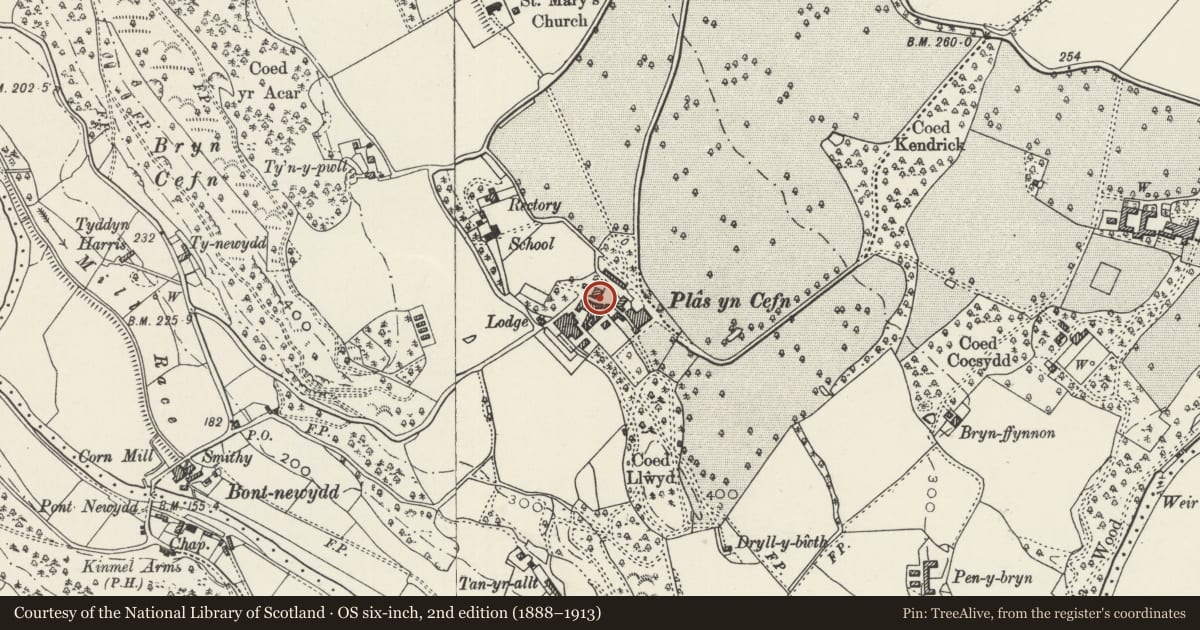 Ordnance Survey six-inch map, 2nd edition (1888–1913) covering the location of Former Carthouse Block at Plas-yn-Cefn, Cefnmeiriadog, Denbighshire, with a pin at the register's coordinates
