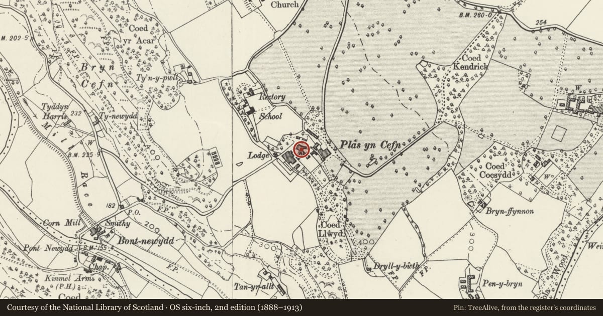 Ordnance Survey six-inch map, 2nd edition (1888–1913) covering the location of L-shaped Barn Range at Plas-yn-Cefn, Cefnmeiriadog, Denbighshire, with a pin at the register's coordinates
