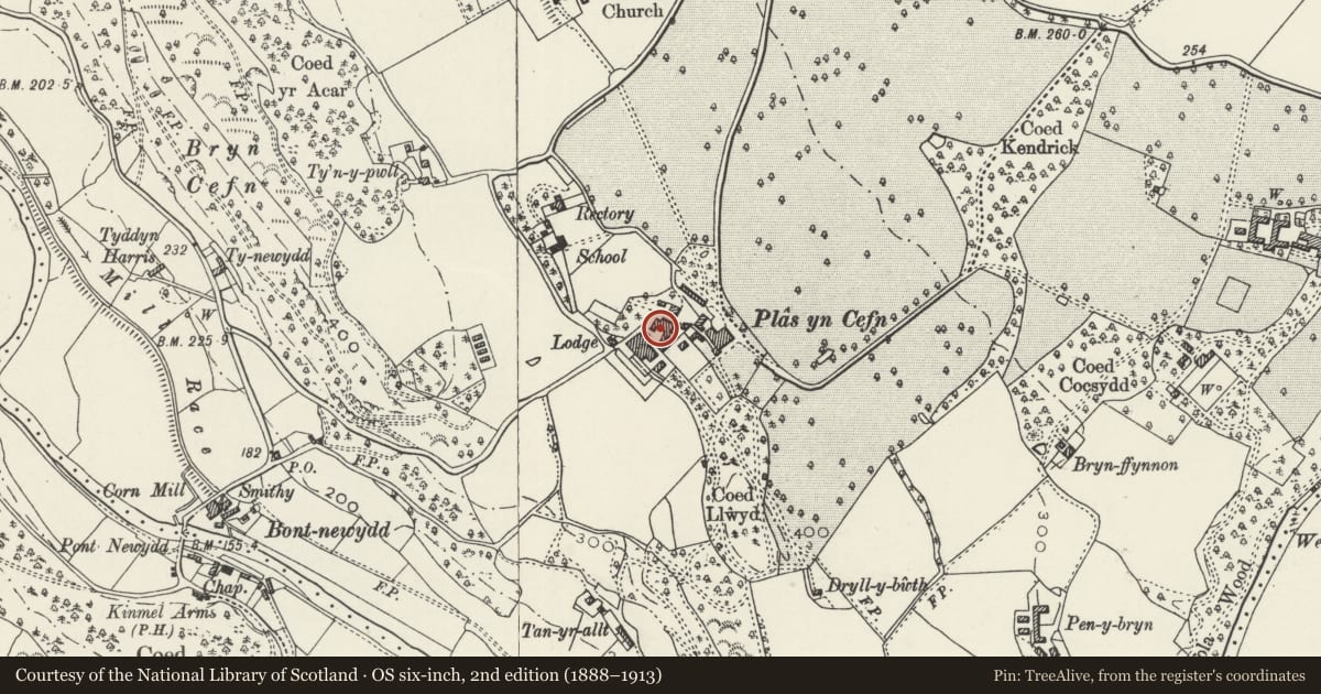 Ordnance Survey six-inch map, 2nd edition (1888–1913) covering the location of Former Smithy Range at Plas-yn-Cefn, Cefnmeiriadog, Denbighshire, with a pin at the register's coordinates