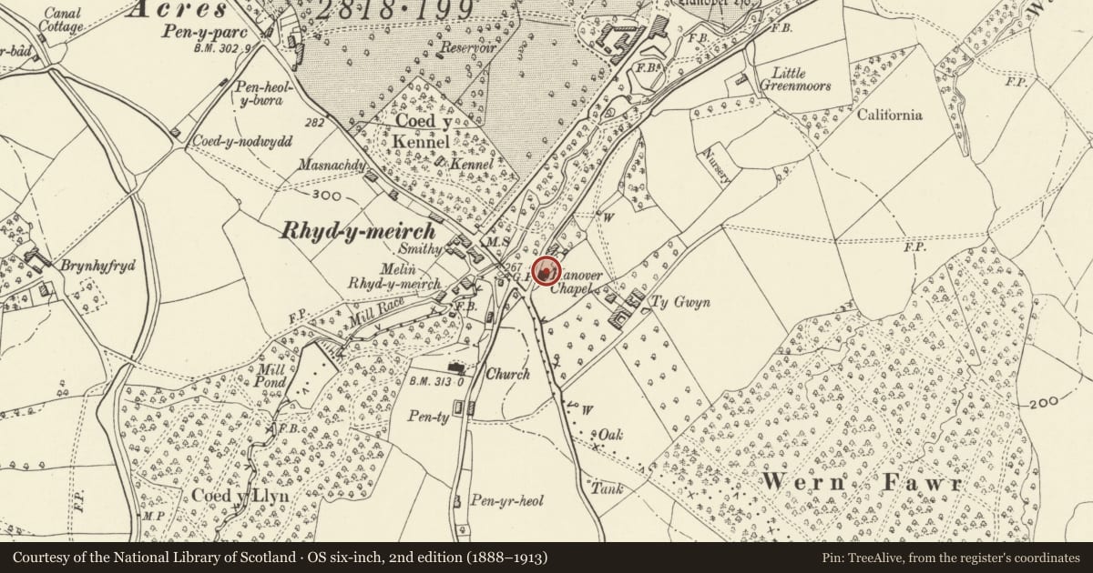 Ordnance Survey six-inch map, 2nd edition (1888–1913) covering the location of Hanover Chapel, Goetre Fawr, Monmouthshire, with a pin at the register's coordinates