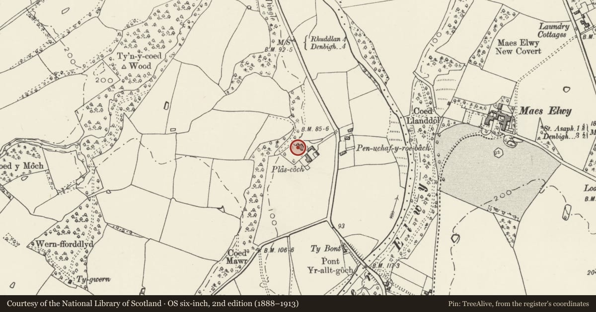Ordnance Survey six-inch map, 2nd edition (1888–1913) covering the location of Former Stable Block at Plas Coch, Cefnmeiriadog, Denbighshire, with a pin at the register's coordinates