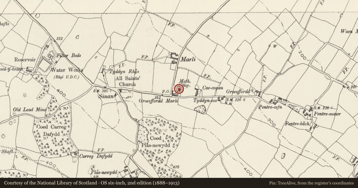 Ordnance Survey six-inch map, 2nd edition (1888–1913) covering the location of Groesffordd Marli Chapel, Cefnmeiriadog, Denbighshire, with a pin at the register's coordinates