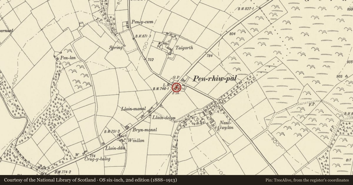 Ordnance Survey six-inch map, 2nd edition (1888–1913) covering the location of Old Court House, Troedyraur, Ceredigion, with a pin at the register's coordinates
