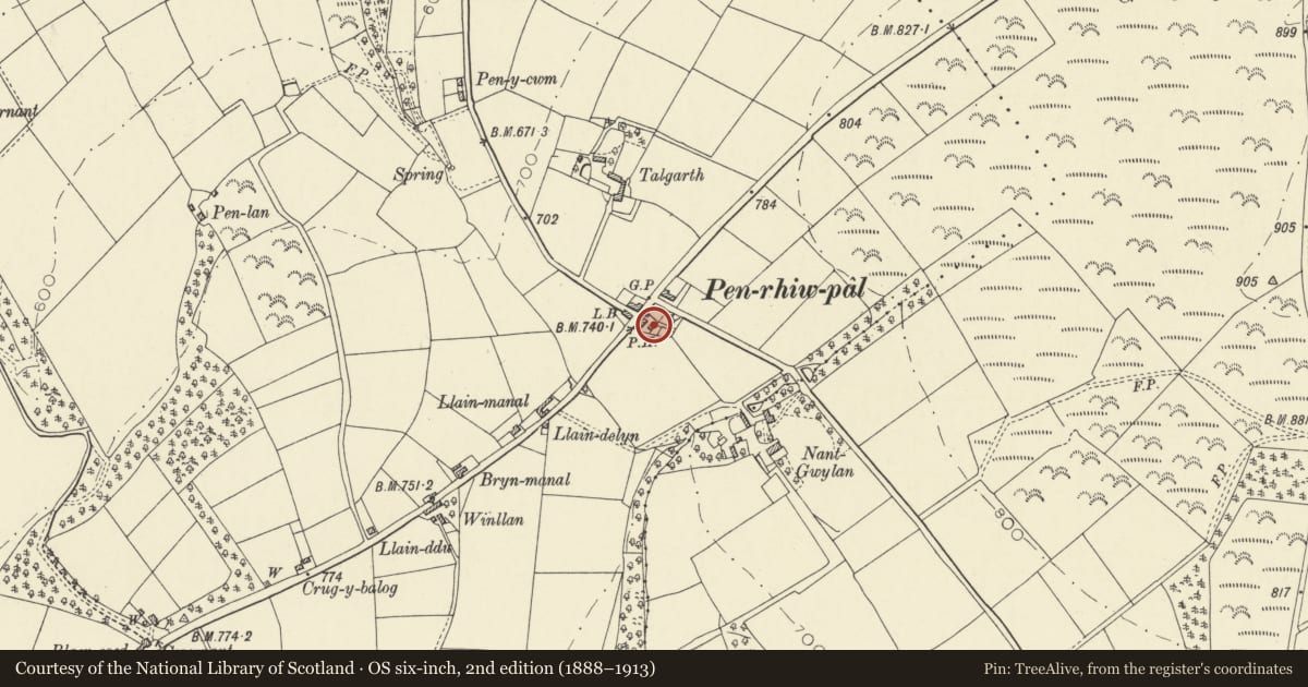 Ordnance Survey six-inch map, 2nd edition (1888–1913) covering the location of Stables to rear of Old Court House, Troedyraur, Ceredigion, with a pin at the register's coordinates