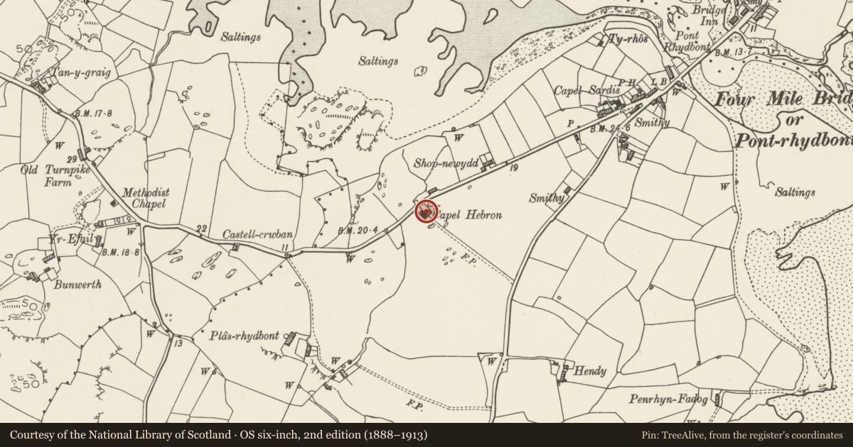 Ordnance Survey six-inch map, 2nd edition (1888–1913) covering the location of Methodist Chapel, Rhoscolyn, Isle of Anglesey, with a pin at the register's coordinates