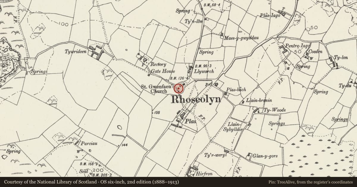 Ordnance Survey six-inch map, 2nd edition (1888–1913) covering the location of Lifeboat memorial, Rhoscolyn, Isle of Anglesey, with a pin at the register's coordinates