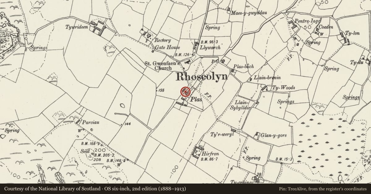Ordnance Survey six-inch map, 2nd edition (1888–1913) covering the location of Plas, Rhoscolyn, Isle of Anglesey, with a pin at the register's coordinates