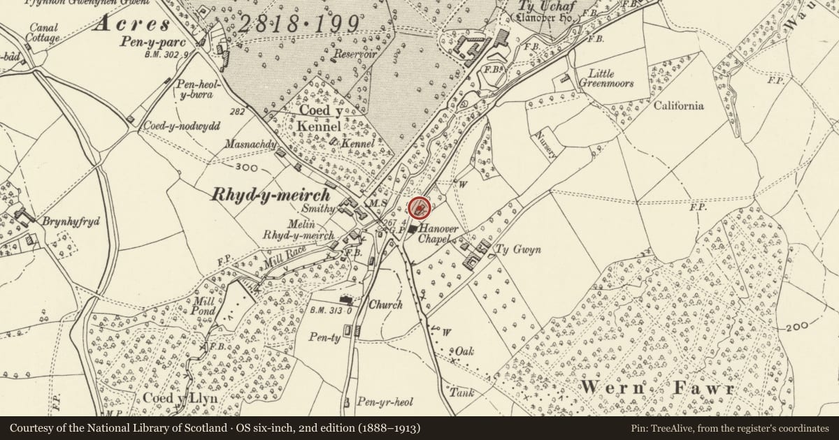 Ordnance Survey six-inch map, 2nd edition (1888–1913) covering the location of Hanover, Goetre Fawr, Monmouthshire, with a pin at the register's coordinates