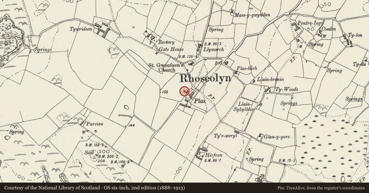 Ordnance Survey six-inch map, 2nd edition (1888–1913) covering the location of Plas Bach, Rhoscolyn, Isle of Anglesey, with a pin at the register's coordinates