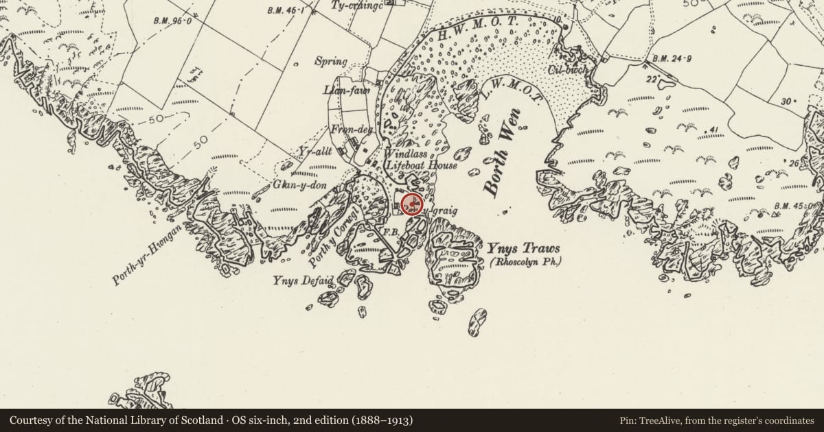 Ordnance Survey six-inch map, 2nd edition (1888–1913) covering the location of Rhoscolyn Lifeboat Station, Isle of Anglesey, with a pin at the register's coordinates