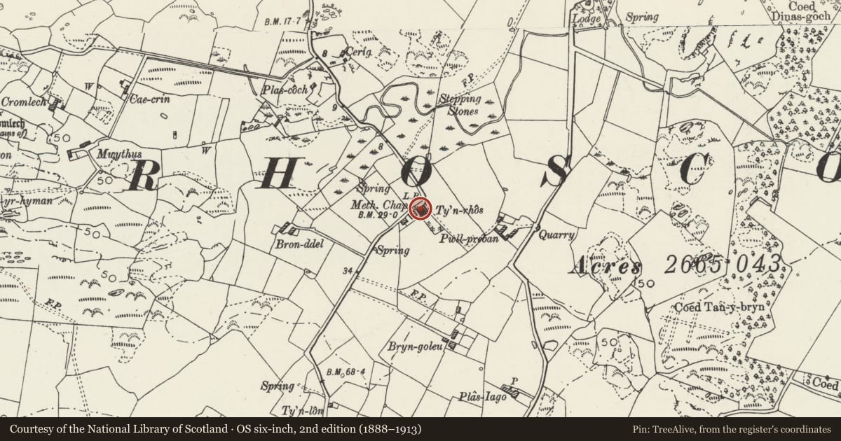 Ordnance Survey six-inch map, 2nd edition (1888–1913) covering the location of Rhoscolyn Methodist Chapel house, Isle of Anglesey, with a pin at the register's coordinates