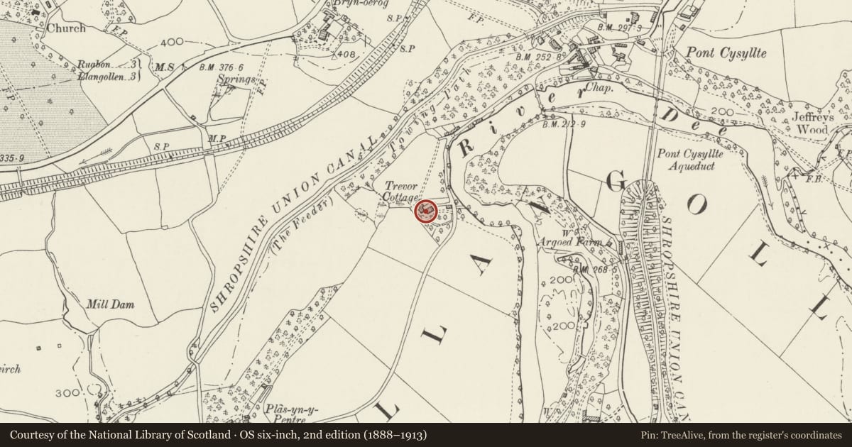 Ordnance Survey six-inch map, 2nd edition (1888–1913) covering the location of The Old Vicarage, Llangollen, Denbighshire, with a pin at the register's coordinates