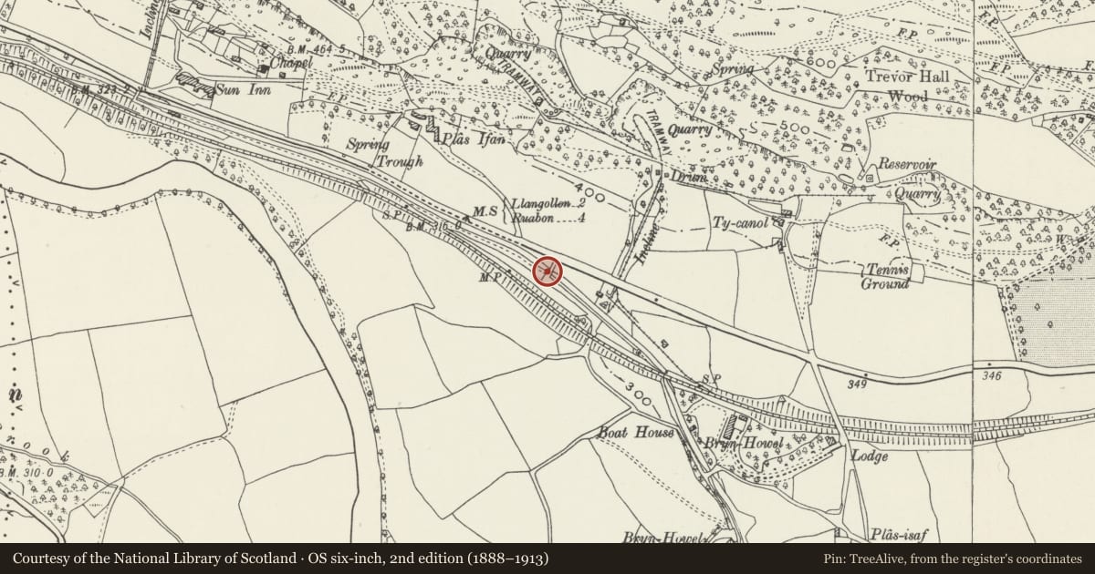Ordnance Survey six-inch map, 2nd edition (1888–1913) covering the location of Bridge No 40, Llangollen, Denbighshire, with a pin at the register's coordinates