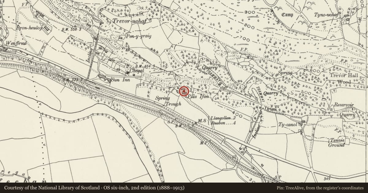 Ordnance Survey six-inch map, 2nd edition (1888–1913) covering the location of Outbuildings at Plas Ifa, Llangollen, Denbighshire, with a pin at the register's coordinates