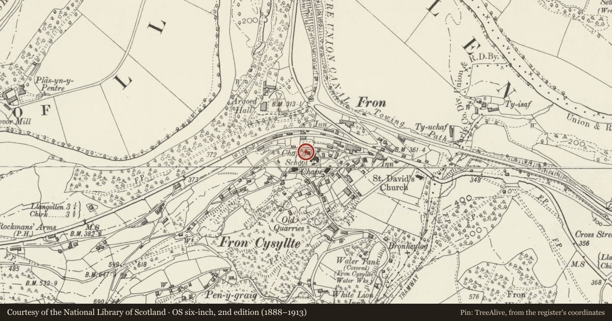 Ordnance Survey six-inch map, 2nd edition (1888–1913) covering the location of Former Mount Zion Primitive Methodist Chapel and Graveyard, Llangollen Rural, Wrexham, with a pin at the register's coordinates