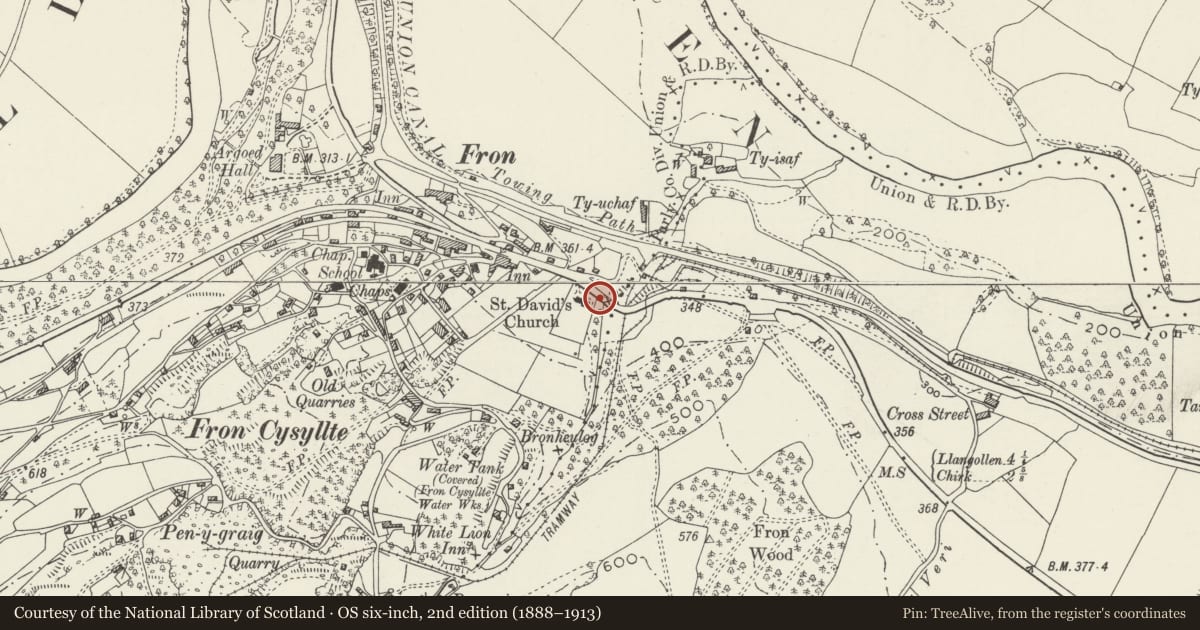 Ordnance Survey six-inch map, 2nd edition (1888–1913) covering the location of War Memorial, Llangollen Rural, Wrexham, with a pin at the register's coordinates