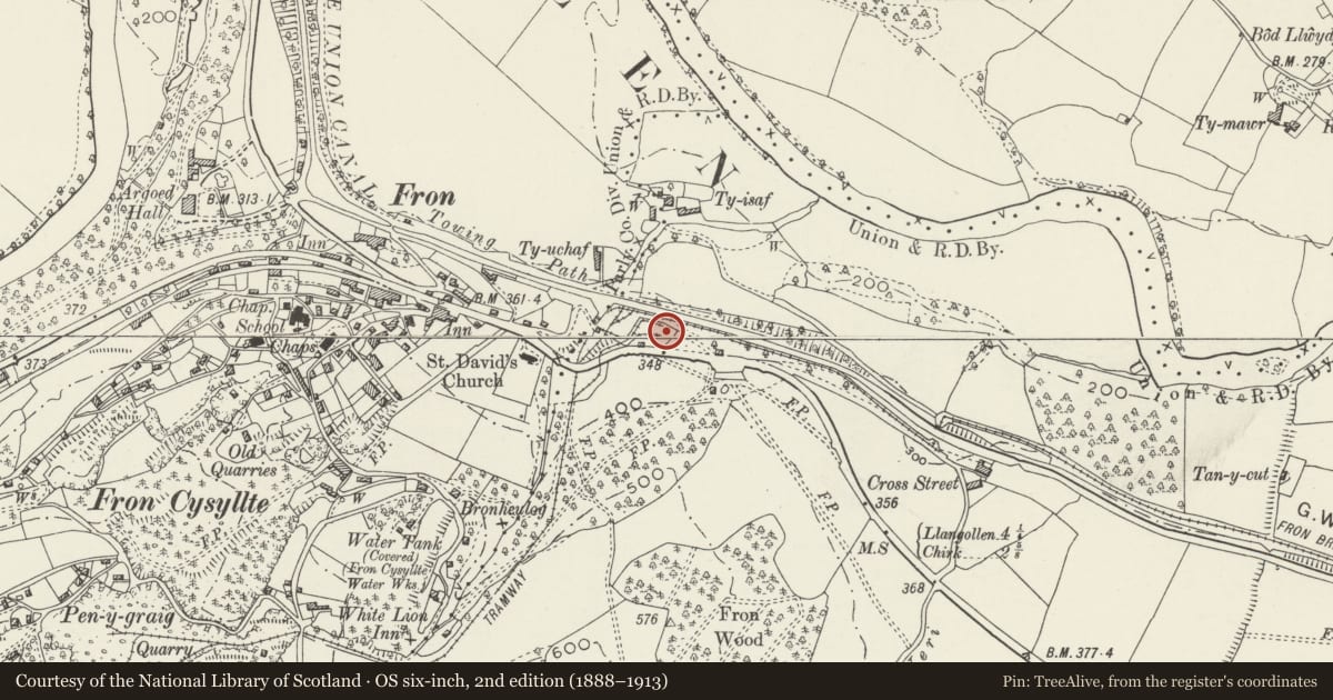 Ordnance Survey six-inch map, 2nd edition (1888–1913) covering the location of Lime Kilns, Llangollen Rural, Wrexham, with a pin at the register's coordinates