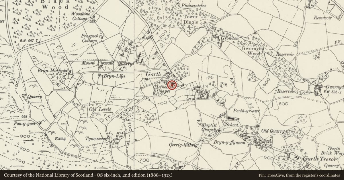 Ordnance Survey six-inch map, 2nd edition (1888–1913) covering the location of Ysgoldy Brynhyfryd and two integrated Houses, Llangollen Rural, Wrexham, with a pin at the register's coordinates