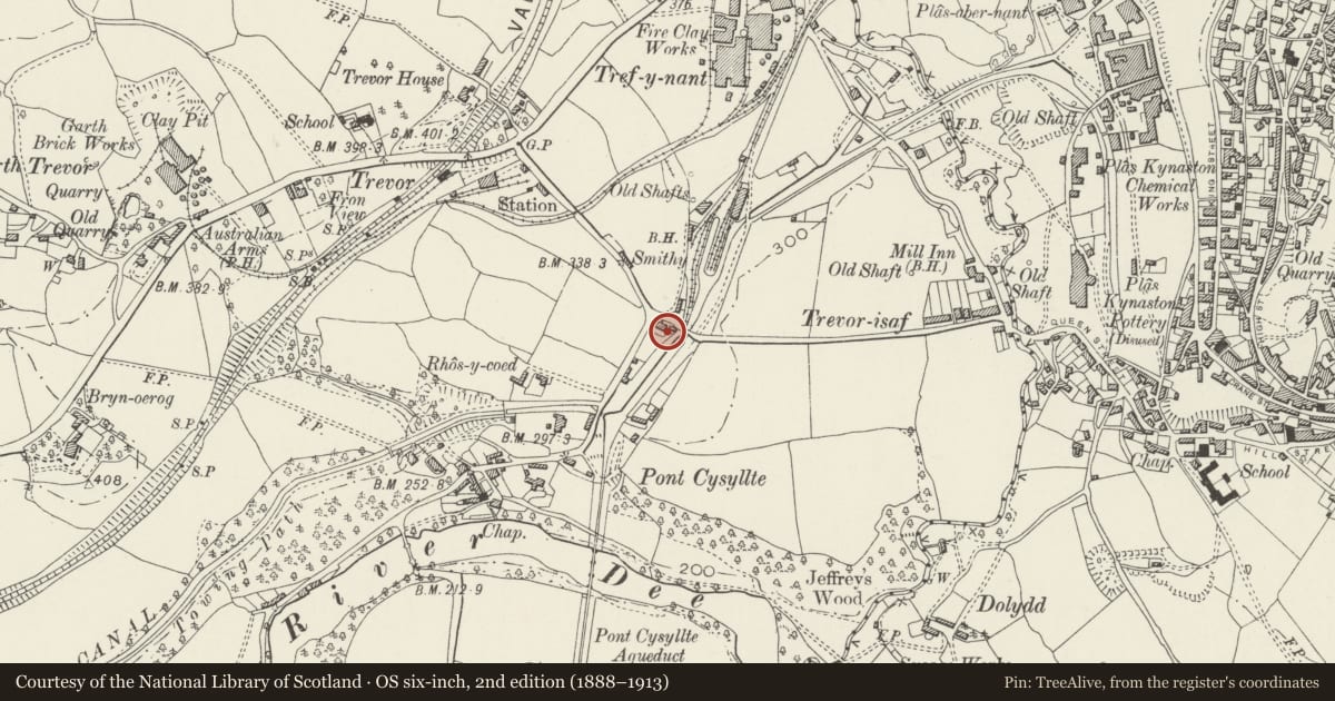 Ordnance Survey six-inch map, 2nd edition (1888–1913) covering the location of New Road (House next to Telford Inn), Llangollen Rural, Wrexham, with a pin at the register's coordinates