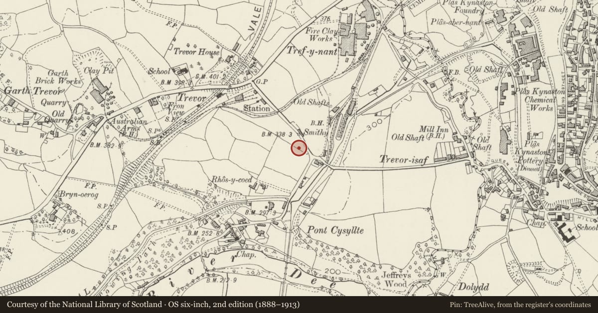 Ordnance Survey six-inch map, 2nd edition (1888–1913) covering the location of Bryn Seion Presbyterian Chapel, Llangollen Rural, Wrexham, with a pin at the register's coordinates
