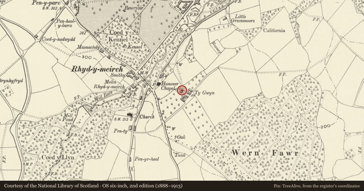 Ordnance Survey six-inch map, 2nd edition (1888–1913) covering the location of Ty-Gwyn, Goetre Fawr, Monmouthshire, with a pin at the register's coordinates