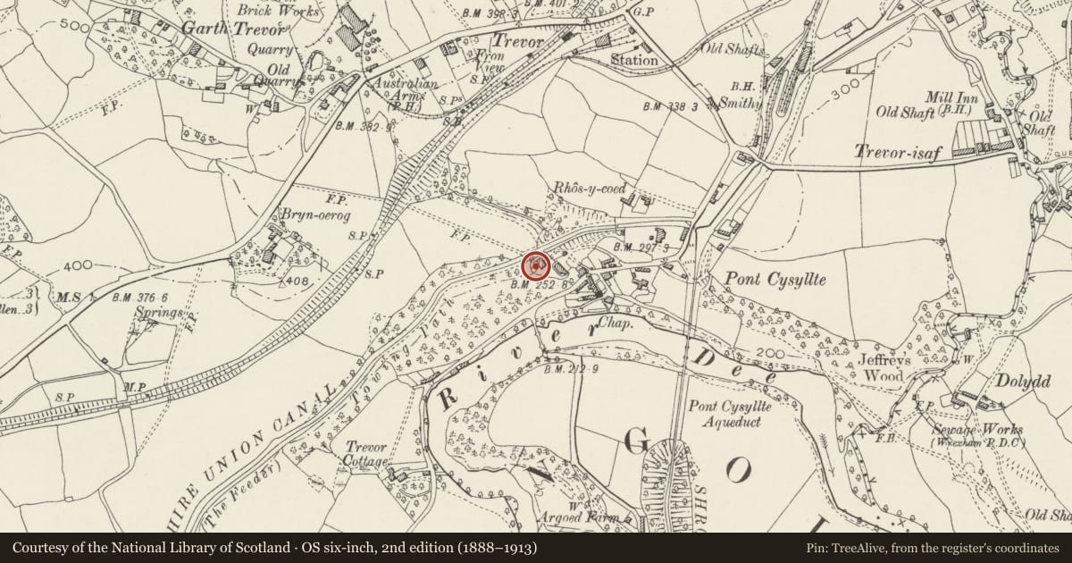 Ordnance Survey six-inch map, 2nd edition (1888–1913) covering the location of Wood Bank, Llangollen Rural, Wrexham, with a pin at the register's coordinates