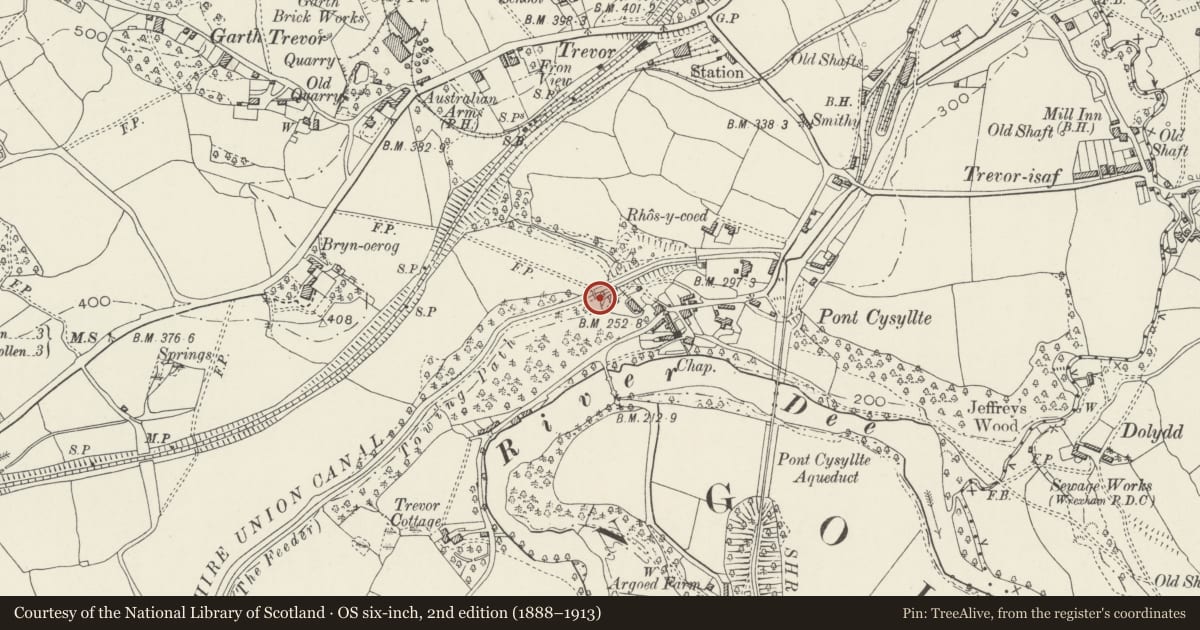 Ordnance Survey six-inch map, 2nd edition (1888–1913) covering the location of Kilns at Wood Bank, Llangollen Rural, Wrexham, with a pin at the register's coordinates