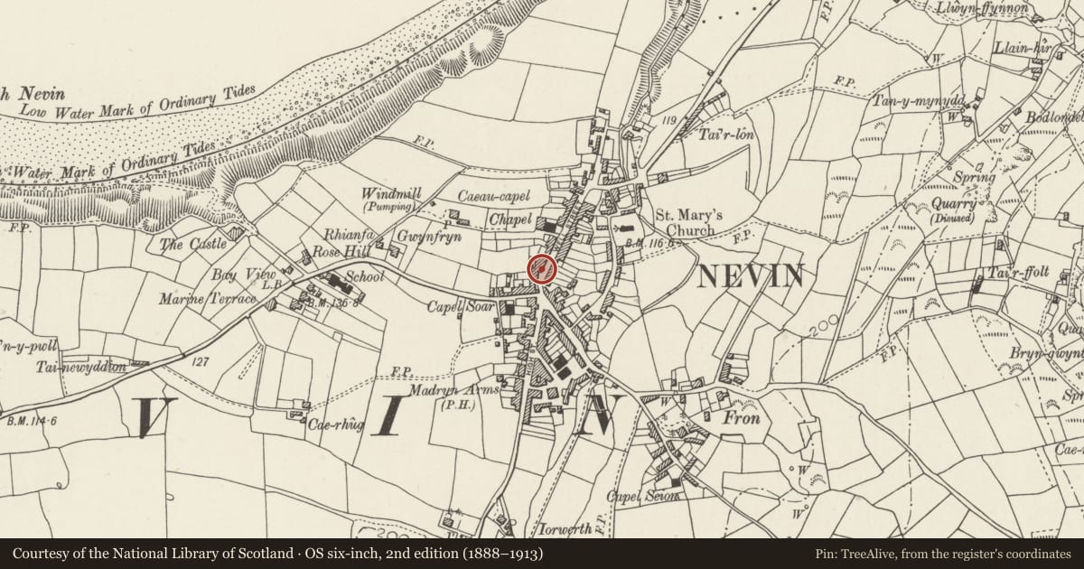 Ordnance Survey six-inch map, 2nd edition (1888–1913) covering the location of St Mary's Well, Nefyn, Gwynedd, with a pin at the register's coordinates