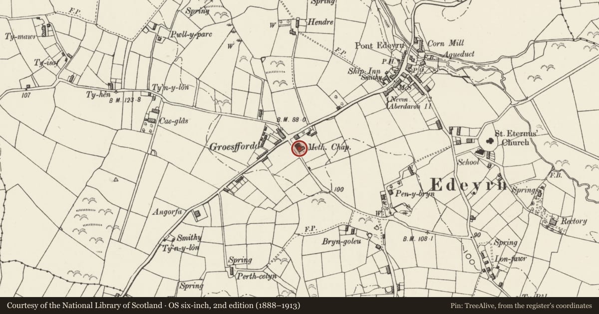 Ordnance Survey six-inch map, 2nd edition (1888–1913) covering the location of Edern Presbyterian Chapel, Nefyn, Gwynedd, with a pin at the register's coordinates