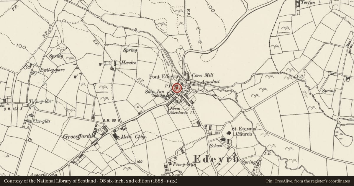 Ordnance Survey six-inch map, 2nd edition (1888–1913) covering the location of Glan Afon, Nefyn, Gwynedd, with a pin at the register's coordinates