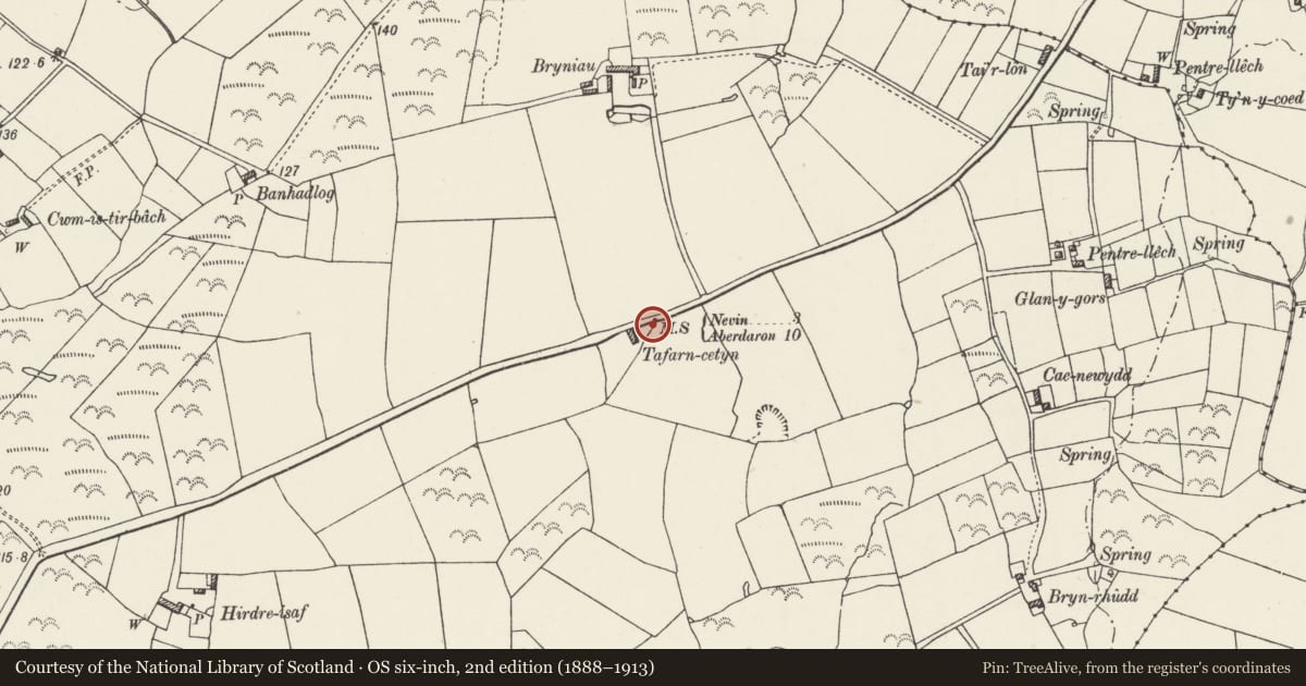 Ordnance Survey six-inch map, 2nd edition (1888–1913) covering the location of Milestone, Nefyn, Gwynedd, with a pin at the register's coordinates
