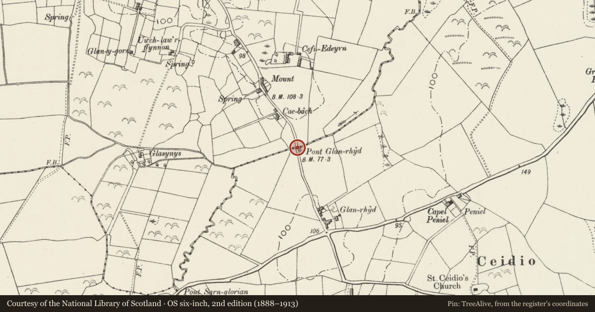 Ordnance Survey six-inch map, 2nd edition (1888–1913) covering the location of Pont Glan-rhyd, Nefyn, Gwynedd, with a pin at the register's coordinates
