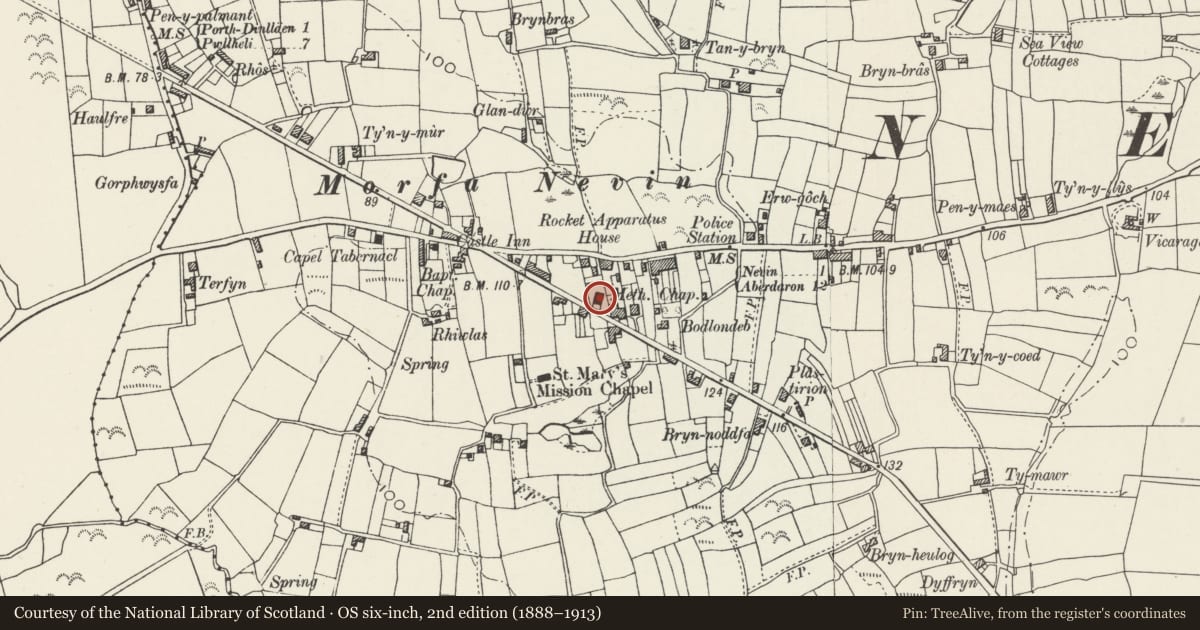 Ordnance Survey six-inch map, 2nd edition (1888–1913) covering the location of Capel Moreia, Nefyn, Gwynedd, with a pin at the register's coordinates