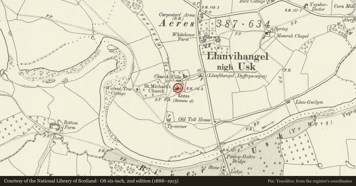 Ordnance Survey six-inch map, 2nd edition (1888–1913) covering the location of Church of St. Michael, Gobion Fawr, Monmouthshire, with a pin at the register's coordinates