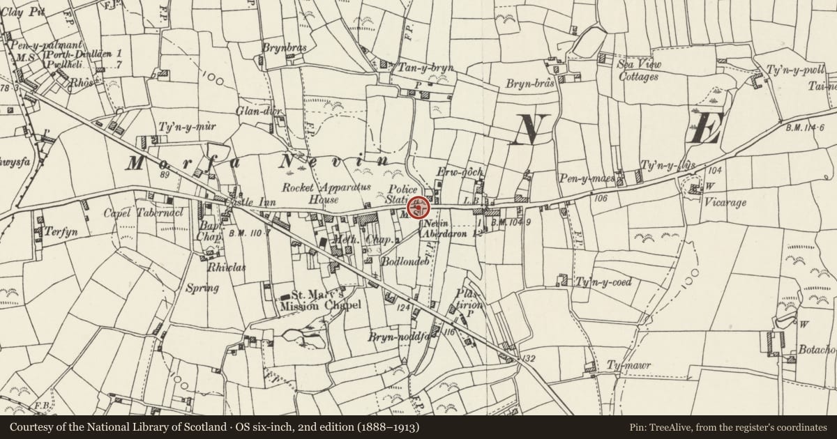Ordnance Survey six-inch map, 2nd edition (1888–1913) covering the location of Milestone, Nefyn, Gwynedd, with a pin at the register's coordinates
