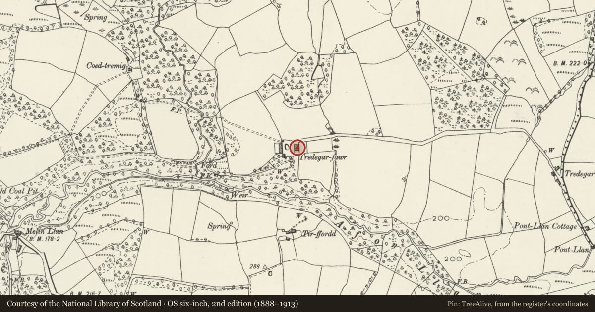 Ordnance Survey six-inch map, 2nd edition (1888–1913) covering the location of Tredegar Fawr, Llangyfelach, Swansea, with a pin at the register's coordinates