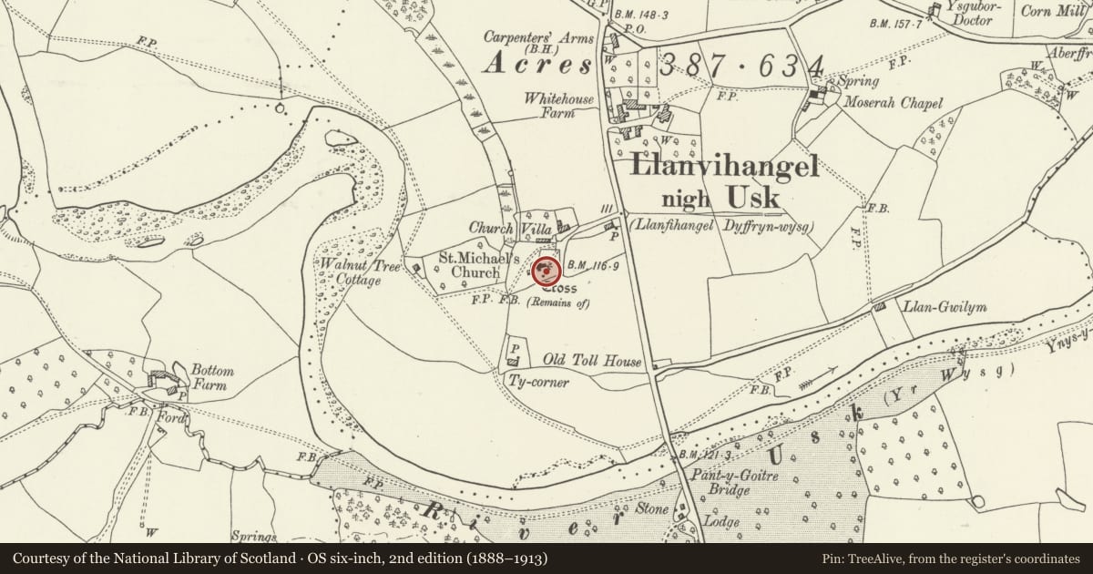 Ordnance Survey six-inch map, 2nd edition (1888–1913) covering the location of Cross in Churchyard of Church of St. Michael, Gobion Fawr, Monmouthshire, with a pin at the register's coordinates
