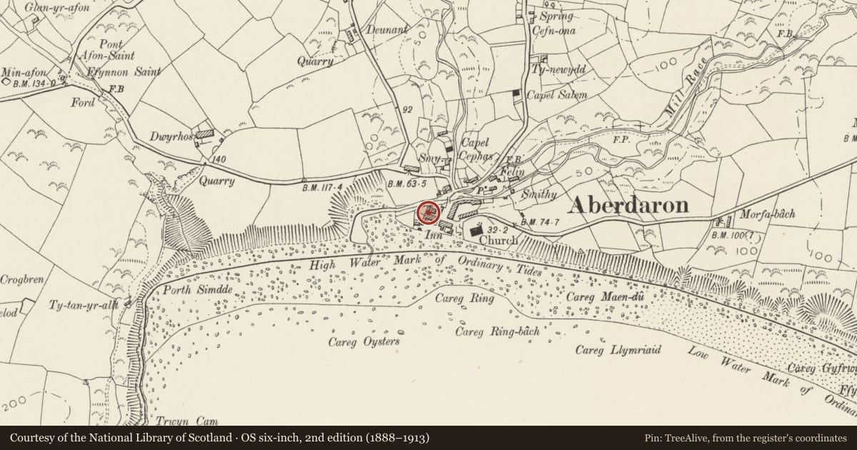 Ordnance Survey six-inch map, 2nd edition (1888–1913) covering the location of The Post Office, Aberdaron, Gwynedd, with a pin at the register's coordinates