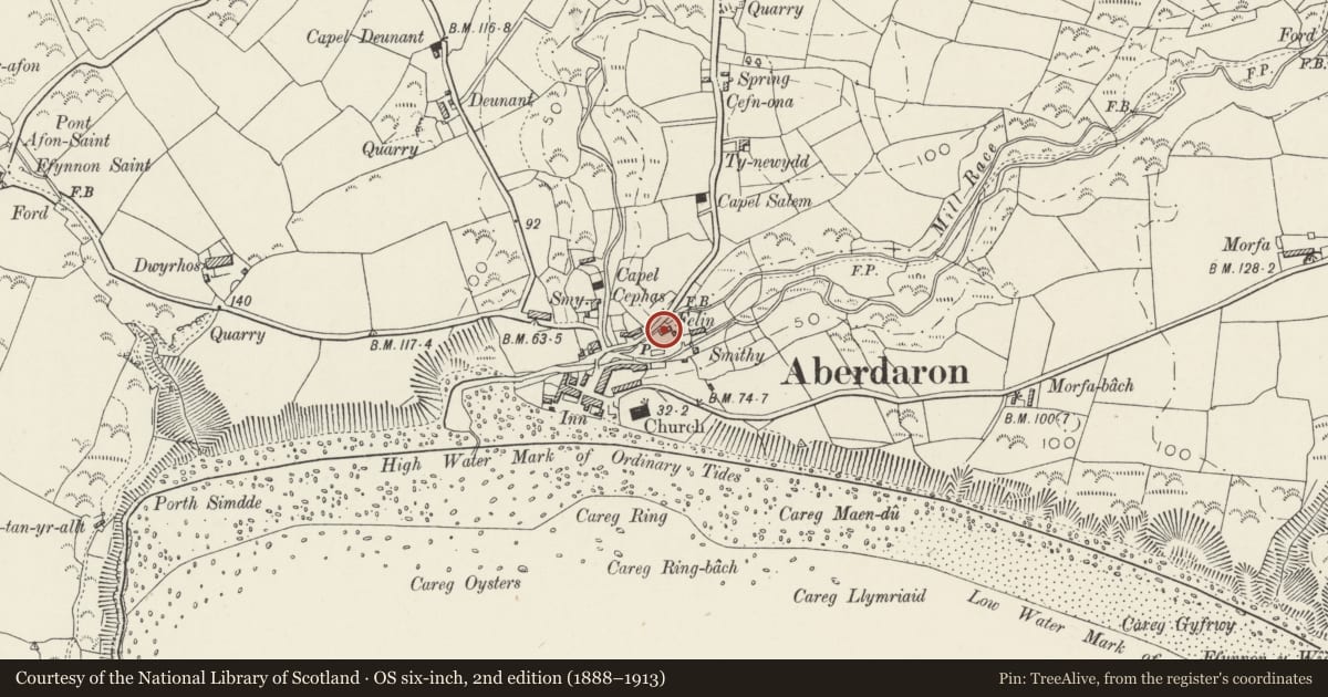 Ordnance Survey six-inch map, 2nd edition (1888–1913) covering the location of Melin Daron, Aberdaron, Gwynedd, with a pin at the register's coordinates