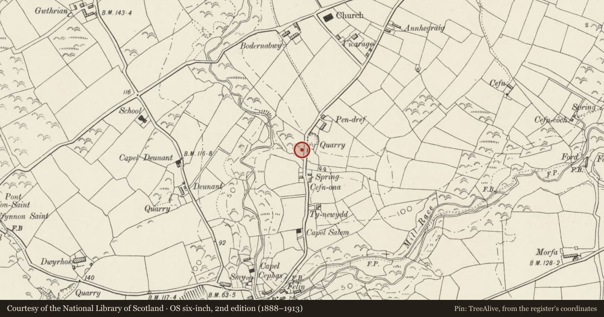 Ordnance Survey six-inch map, 2nd edition (1888–1913) covering the location of Milestone outside Cartref, Aberdaron, Gwynedd, with a pin at the register's coordinates