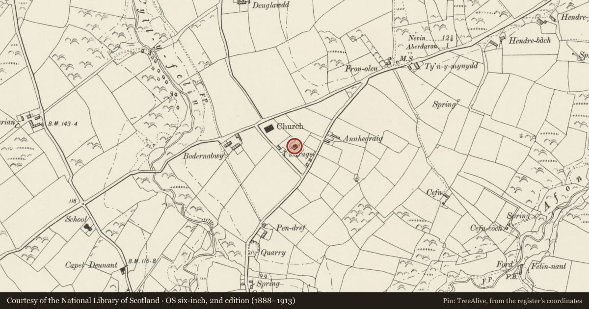 Ordnance Survey six-inch map, 2nd edition (1888–1913) covering the location of Plas yr Wylan, Aberdaron, Gwynedd, with a pin at the register's coordinates
