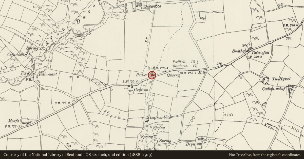 Ordnance Survey six-inch map, 2nd edition (1888–1913) covering the location of Pencae, Aberdaron, Gwynedd, with a pin at the register's coordinates