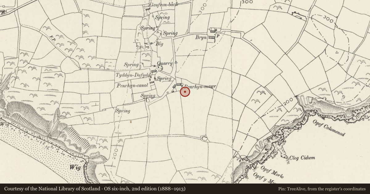Ordnance Survey six-inch map, 2nd edition (1888–1913) covering the location of Penrhyn Mawr, Aberdaron, Gwynedd, with a pin at the register's coordinates