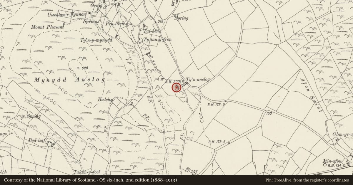 Ordnance Survey six-inch map, 2nd edition (1888–1913) covering the location of Ty'n Anelog, Aberdaron, Gwynedd, with a pin at the register's coordinates