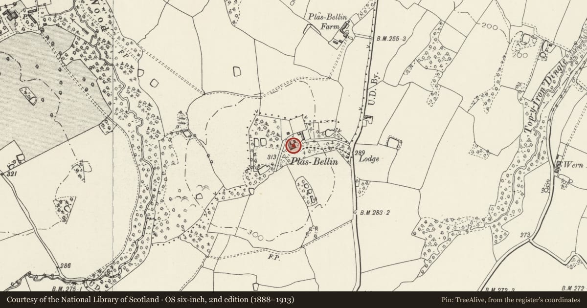 Ordnance Survey six-inch map, 2nd edition (1888–1913) covering the location of Plas Bellin, Northop Hall, Flintshire, with a pin at the register's coordinates