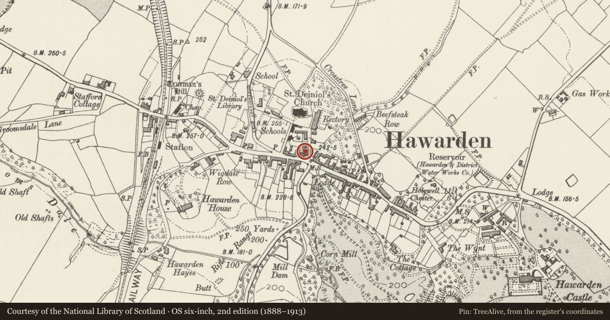Ordnance Survey six-inch map, 2nd edition (1888–1913) covering the location of Kentigern, Hawarden, Flintshire, with a pin at the register's coordinates